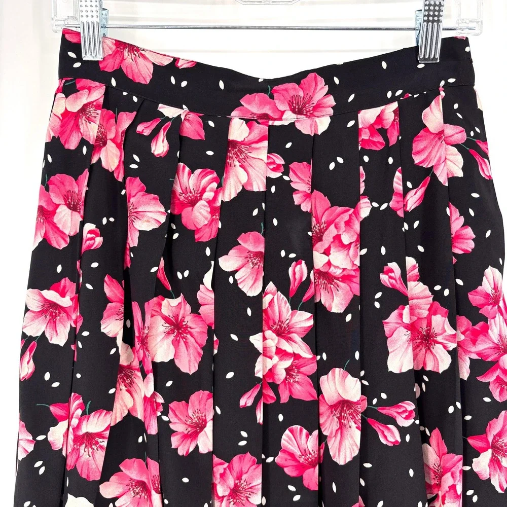 Vintage MaxMara‎ Silk Floral Polka Dot Pleated Skirt Made in Italy Pink Black 8